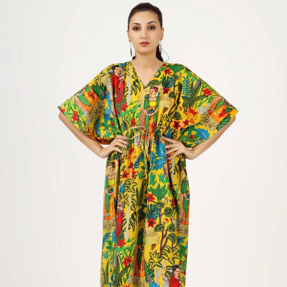 BRAND NEW Frida Kahlo Cotton Kaftan  Long Kaftan Dress Beach Cover Caftan Dress